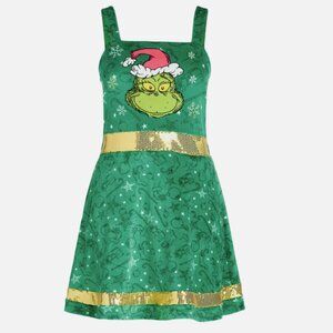 Dr. Seuss Grinch Women’s Christmas Mini Dress Velour Sequin Elf Green